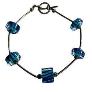 Lamp‎ work Art glass beaded Bracelet Rare Blue beads sterling silver 925 Clasp